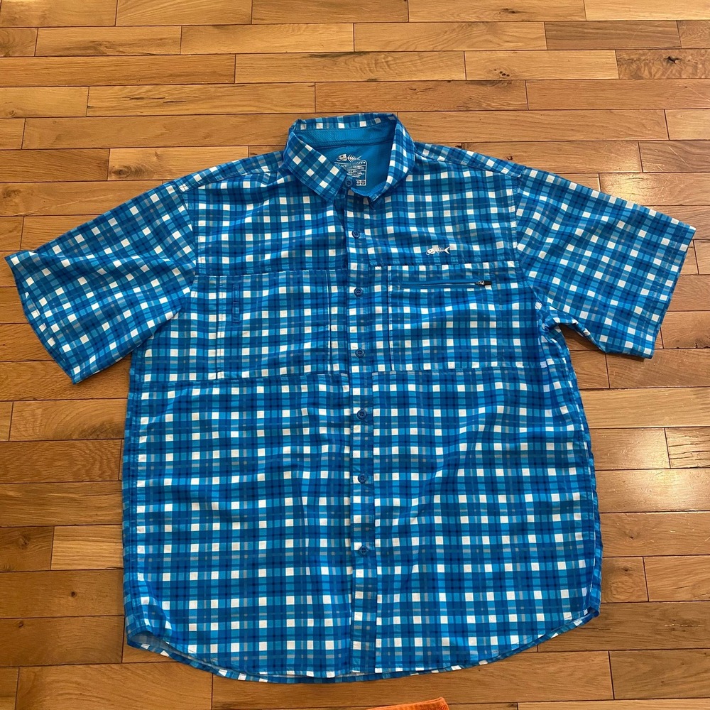 Silver Bait Mens XL Blue Plaid Short Sleeve Fishing Shirt Vented Mesh Lined